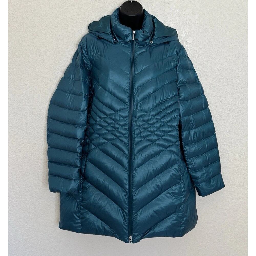 Lands End Womens Lightweight Down Packable Hooded Parka Winter Jacket Teal Blue